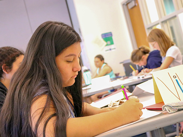 Young female student writes at her desk