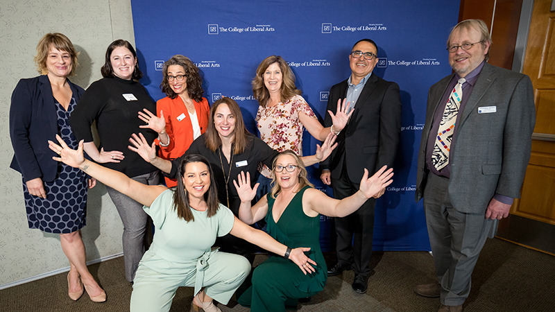 Dean team, pictured: Back row: Stefanie Givens (Director of Development), Jillian Baker (Assoc. Director of Development), Erin Stiles (Assist. Dean of Student Affairs), Cassie Isabelli (Interim Dean), Sharon Brush (Fiscal & Human Resources Officer), Daniel Enrique Pérez (Assoc. Dean of DEI), Chris Williams (Assoc. Dean of Faculty Affairs); Front row: Olivia Tull (MarCom Coordinator), Rachel Willis (Development AAIII)