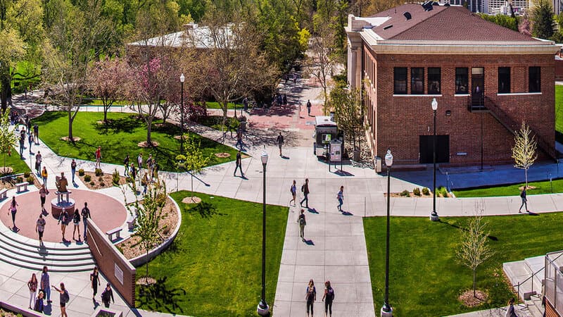 Panoramic view of south campus, featuring Frandsen Humanities