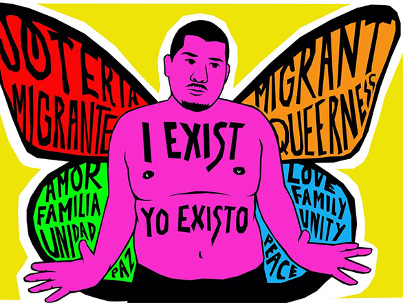 Drawing of man with words "I exist" painted on his stomach in English and Spanish with butterfly wings attached to him
