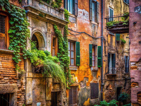 view of rustic buildings with vines on balconies