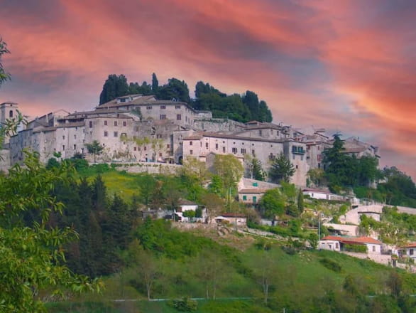 painting of medieval village, Fumone, Italy