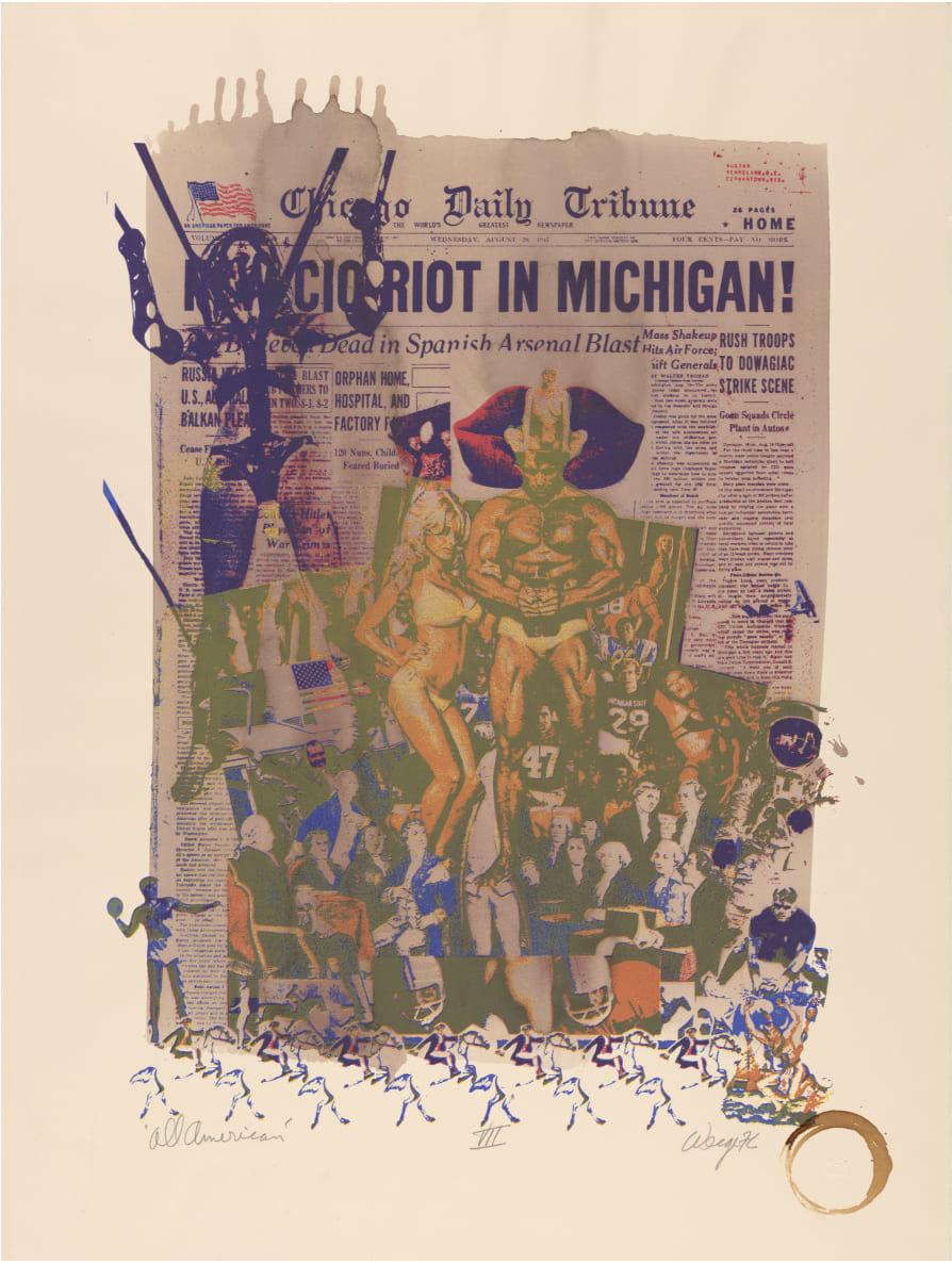 Image of a newspaper in the background with cut out people in the foreground