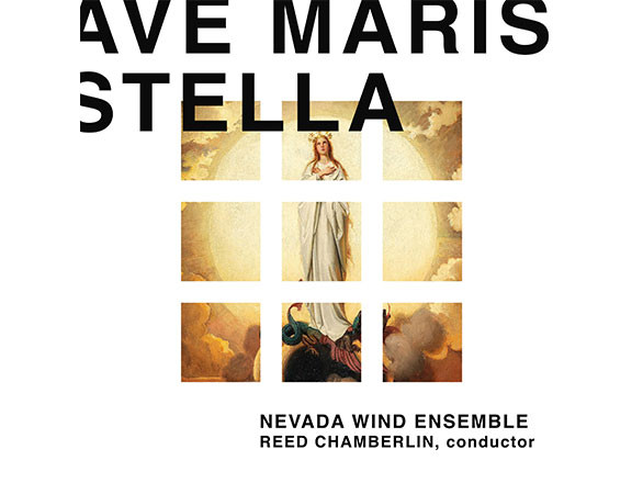 Ave Maris Stella by Nevada Wind Ensemble Conductor Reed Chamberlin, album cover featuring goddess standing in front of sun with demons at feet