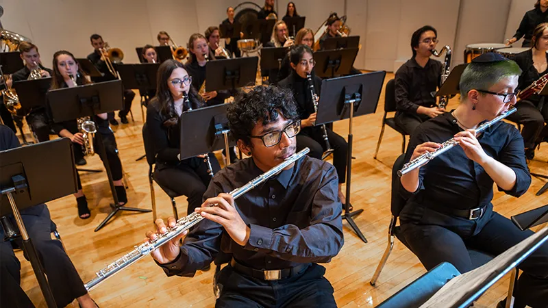 A group of musicians are seated and playing flutes, clarinets and other instruments.