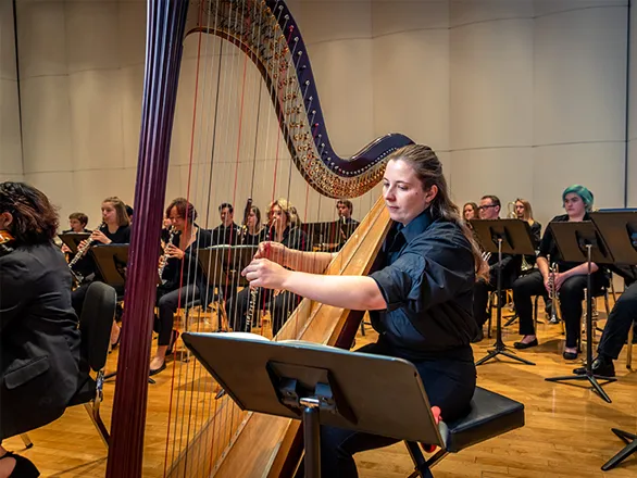 A performer is seated and plays the harp while other musicians are seated behind her holding their individual instruments.