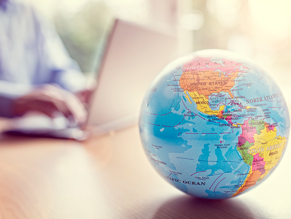 Person on laptop with globe sitting on table
