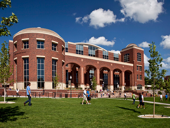 Front of Knowledge Center building during summer day