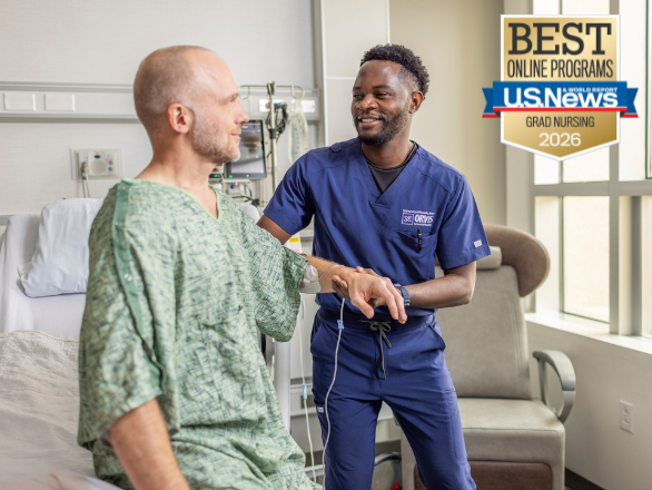 A nurse helps a patient get out of bed.