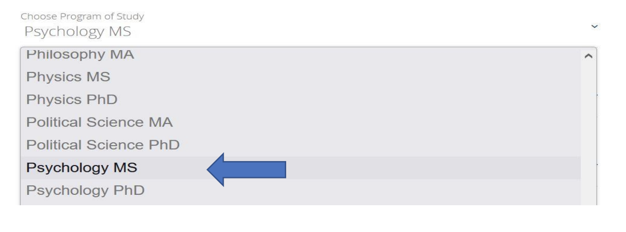 Screenshot of the online application portal for users to select their program of study. An arrow is next to "Psychology MS" with other options including "Philosophy MA," "Physics MS," "Physics PhD," "Political Science MA," and "Psychology PhD."