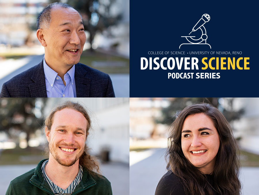 Images of three podcast participants including Gabriela Gonzalez along with the Discover Science Podcast Series logo.