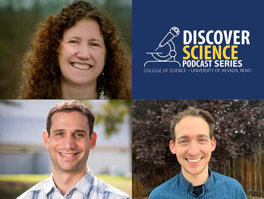Images of three podcast participants including Gabriela Gonzalez along with the Discover Science Podcast Series logo.