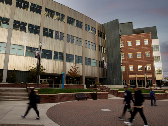 Photo of Davidson Mathematics & Science Center building at night