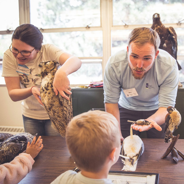Museum employees assisting young students with bird specimens.