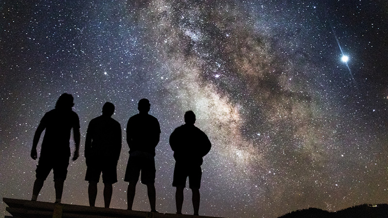 Four full-body silhouettes of stargazers, looking at the night sky and a sea of stars.