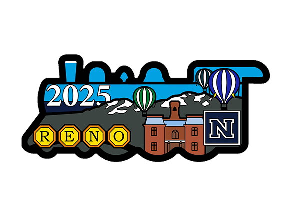 2025 Balloon Race Scholarship Committee Commemorative Pin, featuring a train-shaped outline containing the Reno Arch, Morrill Hall and mountains.
