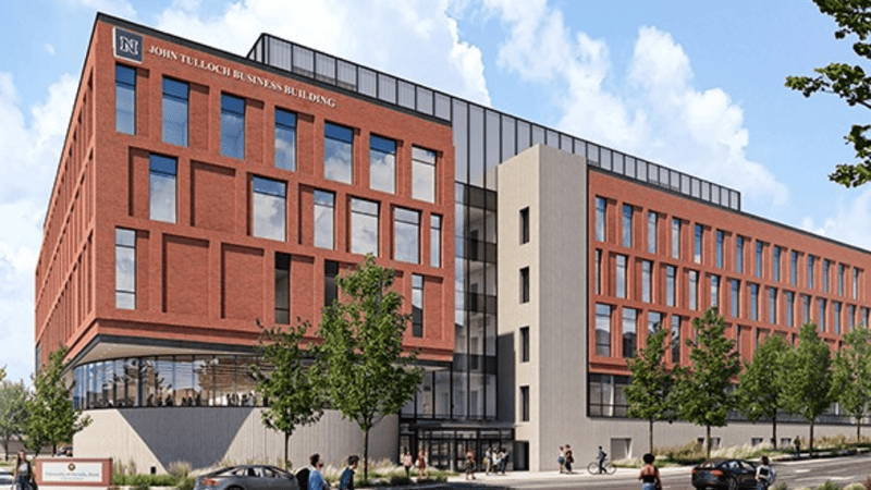 Digital rendering of east side of the John Tulloch Business Building view from University Way.