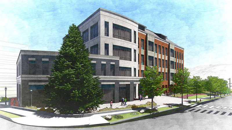 Artist's sketch of the proposed Life Sciences building, a multi-story building with a brick facade and concrete exterior with trees and walkways lining the building.