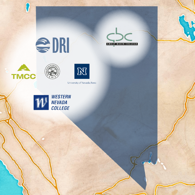 Northern Nevada NSHE Campuses on a map of Nevada with institutional logos