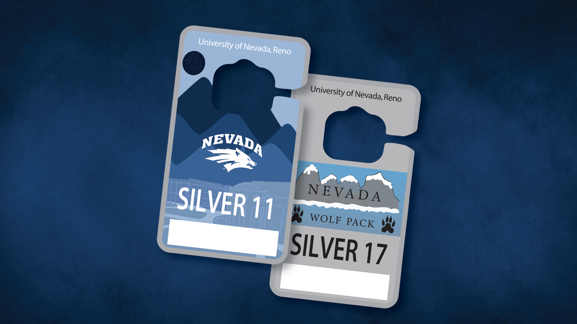 Two parking tags featuring designs from past contest winners.