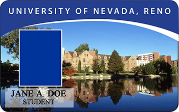 Figure 4. Manzanita Lake design WolfCard, with the user's name, picture and student/faculty type, "University of Nevada, Reno" at the top and an image of Manzanita Lake and Manzanita Hall.