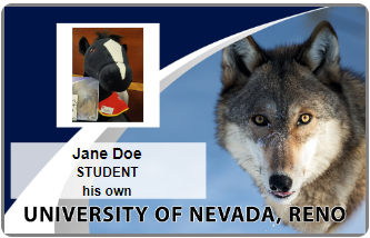 Figure 3. (Online option.) Wolf design WolfCard with the user's picture, name and student/faculty type, and pronouns; "University of Nevada, Reno" at the bottom and an image of a wolf.