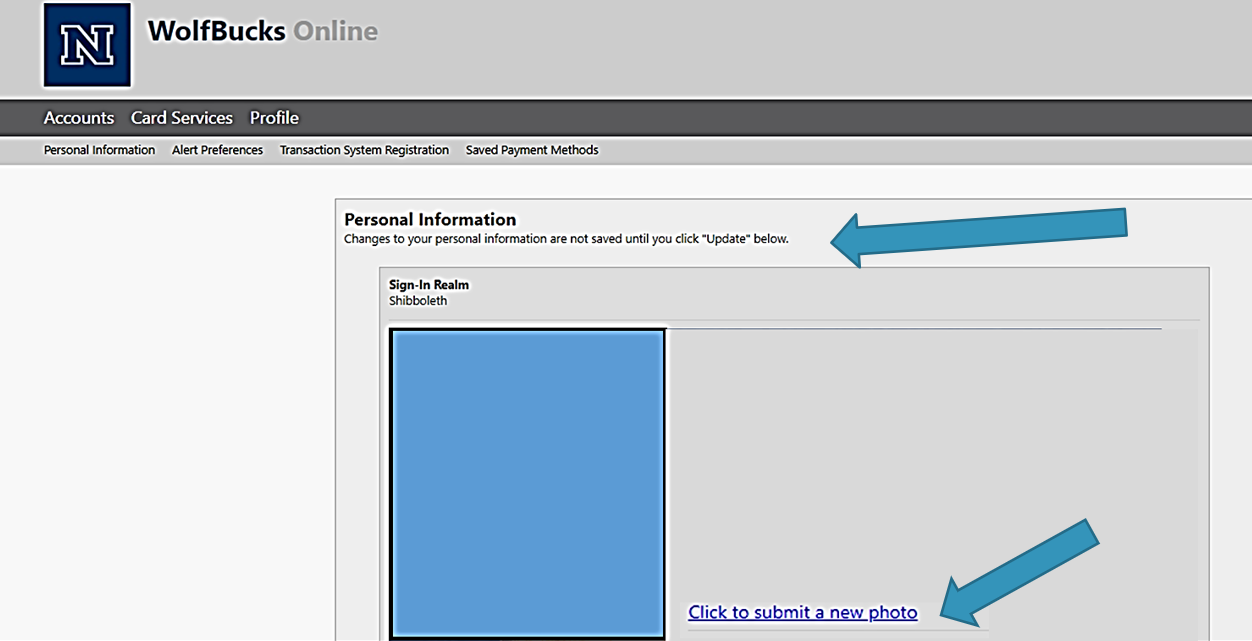 The “WolfBucks Online” Profile webpage showing the photo submission steps including making changes to personal information. It highlights the “Click to submit a new photo” link.