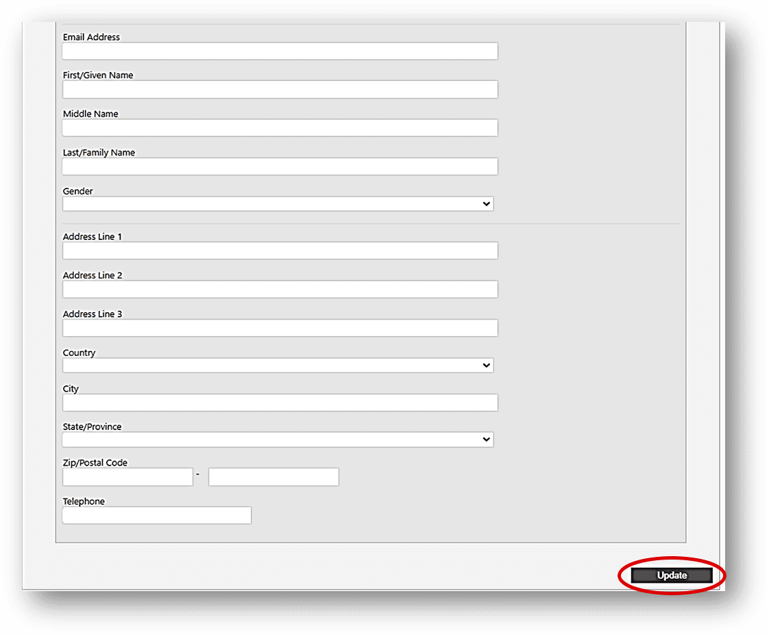 The WolfBucks profile fields that need to be completed: Email Address, First/Given Name, Middle Name, Last/Family Name, Gender, Address and Phone Number.