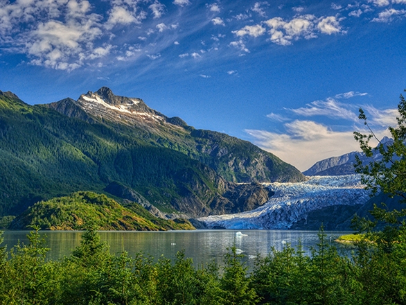 Juneau green mountains with a lake