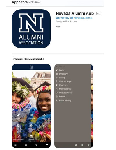 Snippet of alumni app icon in the app store. Screen shot of app on an Iphone