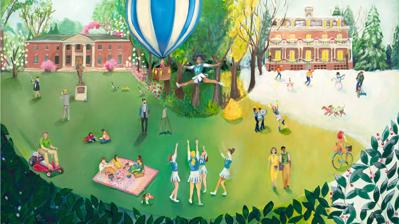 Watercolor illustration of activities on the Quad, including a hot air balloon and people having a picnic