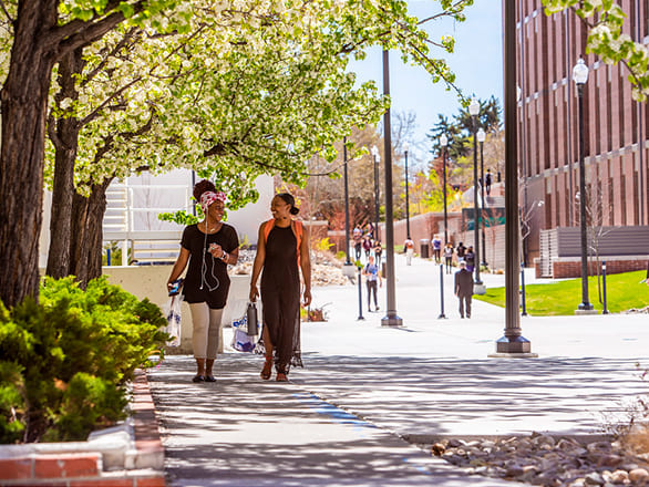 Two students walking on campus