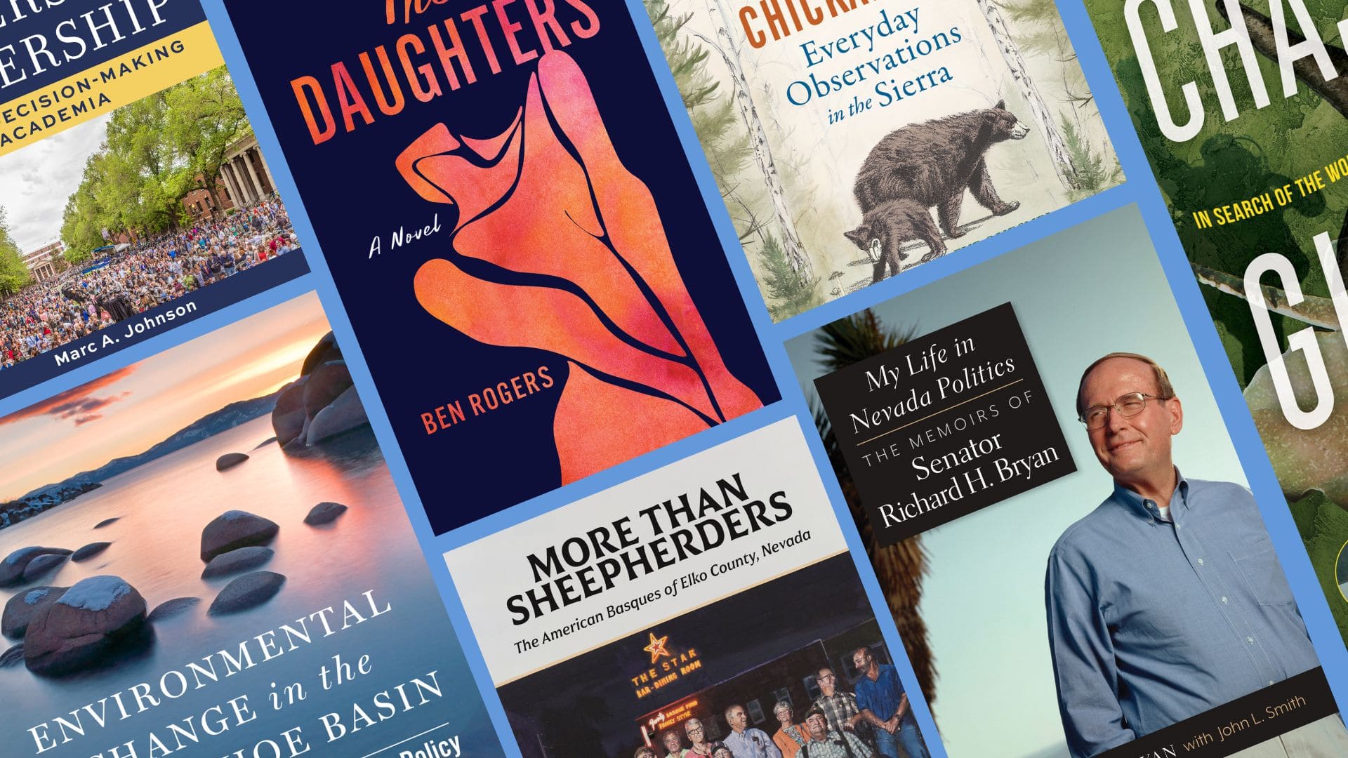 Cover of the novel 'The Daughters' by Ben Rogers. The background is a deep navy blue. The title 'The Daughters' is prominently displayed at the top in large, bold, orange letters. Below it, the subtitle 'A Novel' appears in smaller white text. At the bottom, the author's name, Ben Rogers, is written in orange. The central artwork features two abstract, intertwined human-like figures in shades of orange and pink with black outlines.