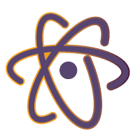 Stylized atom symbol with elliptical orbits in purple and orange surrounding a central nucleus.
