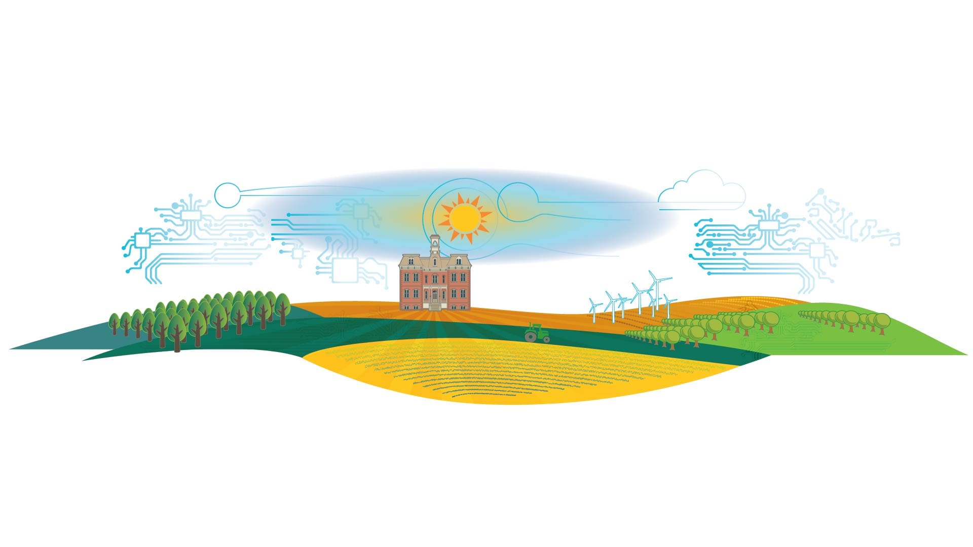 Illustrated rural landscape featuring a central farmhouse or agricultural research facility surrounded by colorful crop fields, orchards, and wind turbines. Above, circuit-like patterns connect to clouds and a sun, symbolizing smart farming and renewable energy integration.