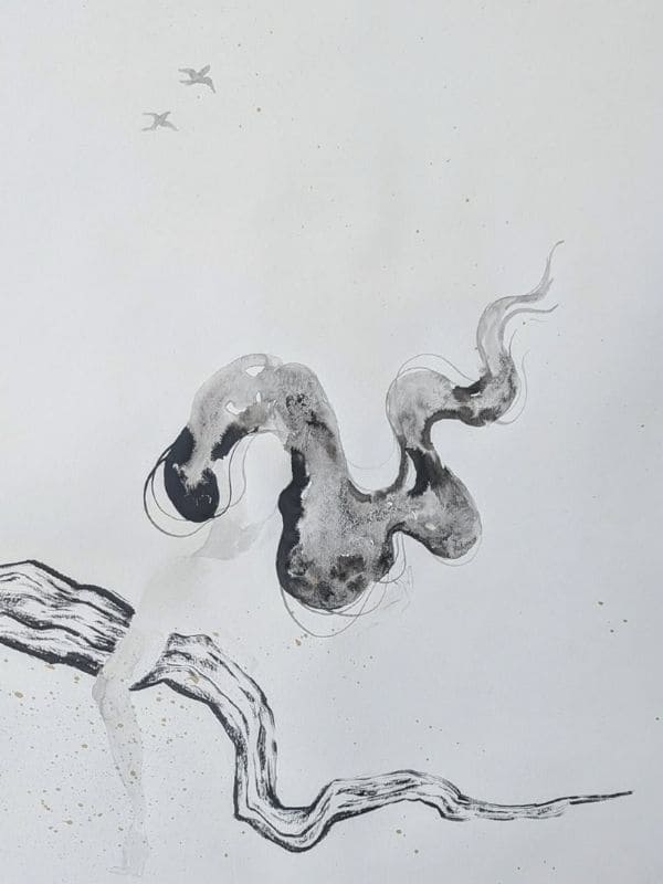 An ink drawing depicting a dynamic interaction between two objects in motion, showcasing fluid lines and artistic expression.