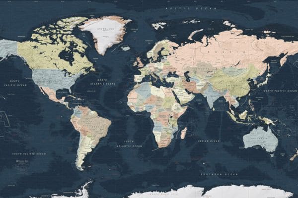 A detailed world map displaying all continents and countries with clearly marked borders. Each country is color-coded for distinction. Major oceans—including the North and South Atlantic, Indian, North and South Pacific, and Southern Ocean—are labeled. Prominent countries and cities are also identified across the map.