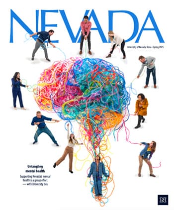 Spring 2025 Cover Illustrated cover of Nevada Silver & Blue featuring a bold wolf head at the center, surrounded by a colorful landscape of mountains, farmland, campus buildings and diverse students. Text reads: "Here at the crossroads of legacy and possibility, the University of Nevada is writing the future.