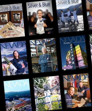 A collage of Nevada Silver & Blue magazine covers spanning multiple decades, displayed against a dark background, showing the evolution of the publication's design and stories over the years.