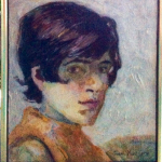 Portrait of a person with short brown hair and a contemplative expression. Soft, impressionistic brushstrokes create a warm, intimate atmosphere.