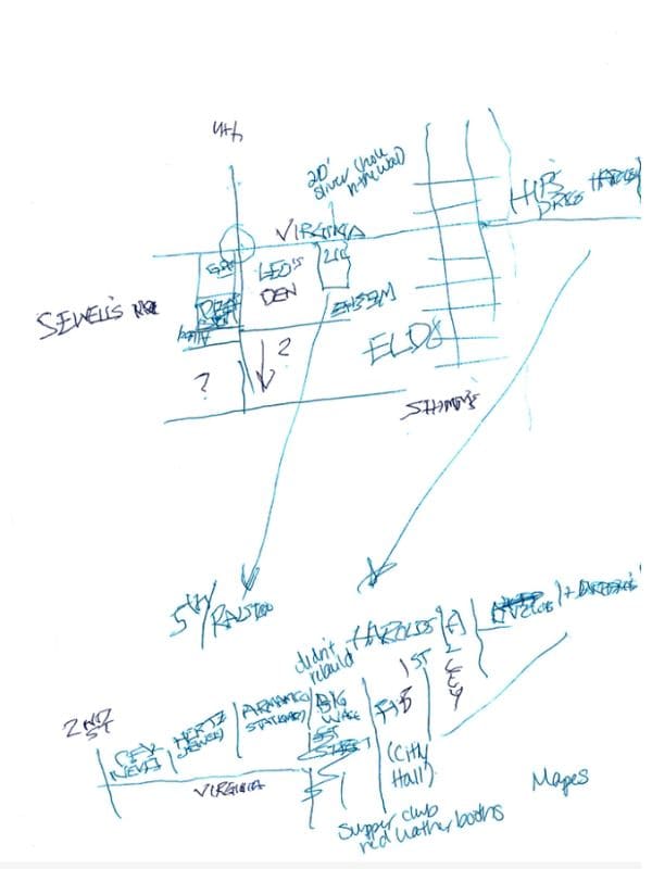 Hand-drawn map with labeled streets, directions, and landmarks like &ldquo;Sewell&rsquo;s Road,&rdquo; and &ldquo;Virginia.&rdquo; Arrows to indicate movement.