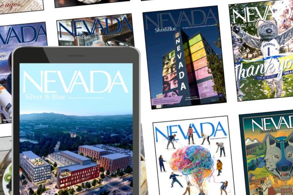 A collage of "Nevada Silver & Blue" magazine covers displayed, featuring various themes. A tablet in the foreground shows one cover with a campus aerial view.