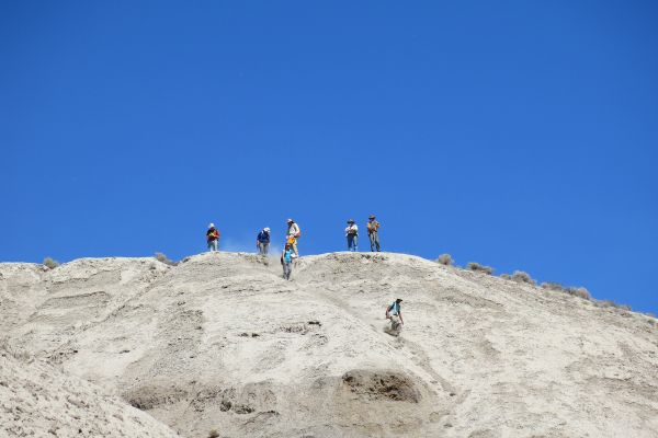 Group of people scaling a steep hill under a clear blue sky. They are spaced out, adding a sense of adventure and challenge to the scene.