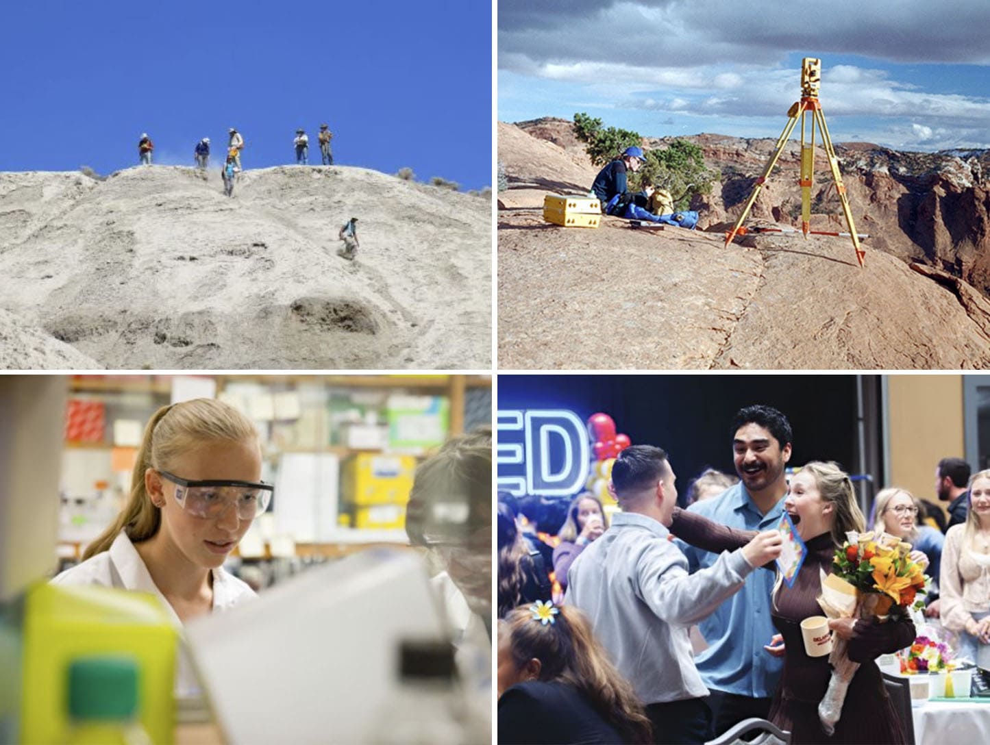 Collage featuring Nevada magazine covers, a group on a rocky hill under a clear blue sky, people on a rooftop deck, and two scientists using a microscope.