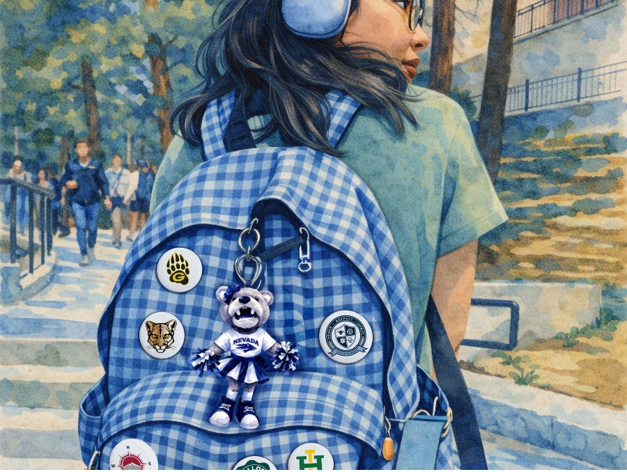 A person with headphones and glasses walks outdoors, wearing a blue checkered backpack adorned with university logos and a wolf keychain.