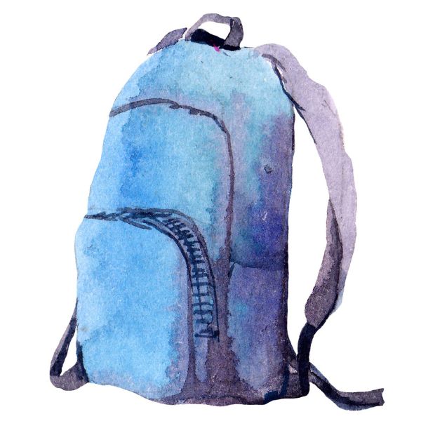 Watercolor painting of a blue backpack with dark straps on a white background. The bag has textured shades, conveying a casual and artistic tone.