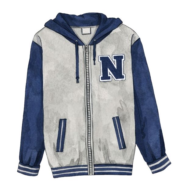 Illustration of a University of Nevada, Reno varsity jacket with navy sleeves and hood, gray body, and an "N" emblem on the chest. The jacket has a casual, sporty look.