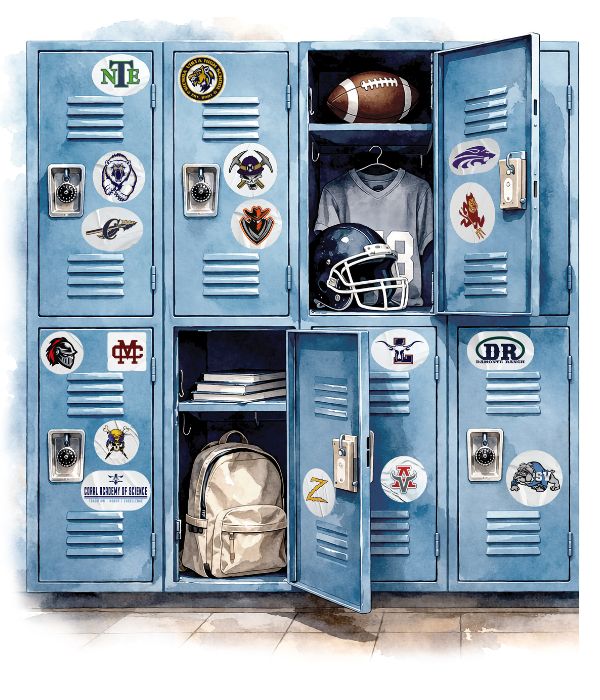 Blue school lockers with open doors reveal a football, helmet, and jersey. Other lockers show a backpack and books. Various team stickers decorate them.