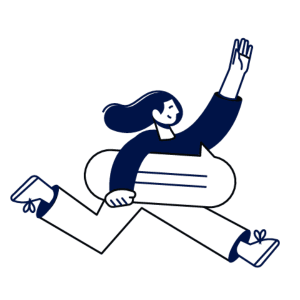 Illustration of a person with long hair, dressed in blue and white, joyfully running while holding a text bubble.