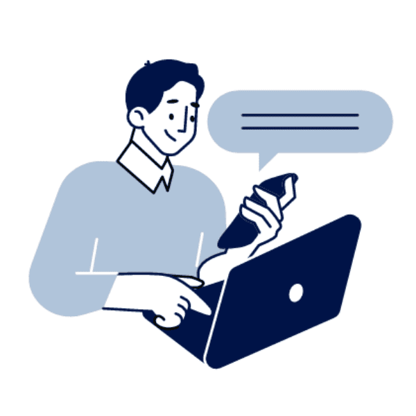 Illustration of a person smiling, holding a phone while using a laptop. A speech bubble suggests communication. The style is minimal and flat.